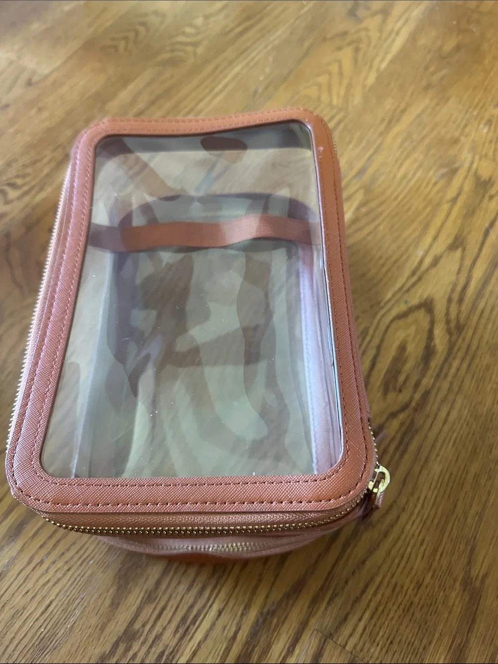 Clear Travel Toiletry Bag in Brown with Gold Zippers